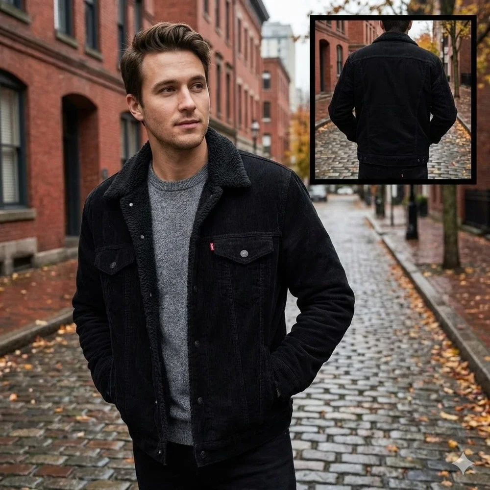Levi's Men's Black Corduroy Sherpa Trucker Jacket XL Zip Snap LM8RC530 Warm Coat - Picture 1 of 11